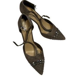 BCBGeneration Brown Suede Pumps with‎ ankle strap and spikes.